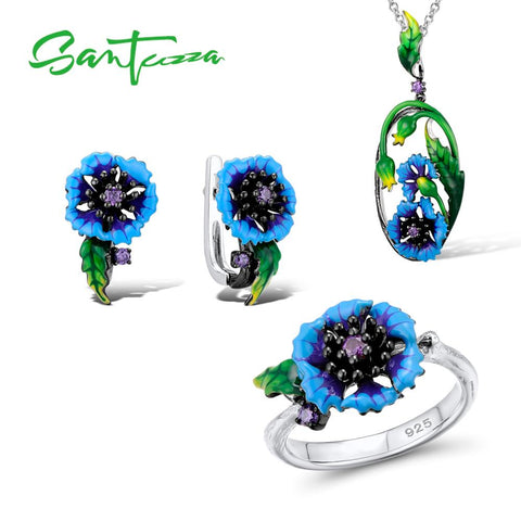 SANTUZZA Jewelry Set For Women Genuine 925 Sterling Silver Blue Flower Ring Earrings Pendent Set Fashion Jewelry HANDMADE Enamel - THE PLACE TO BE !!