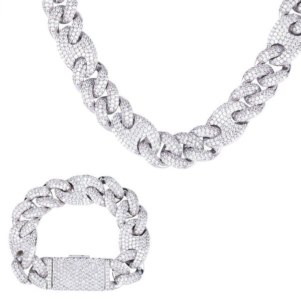 TOPGRILLZ 20mm New Lock Clasp Miami Cuban Chain with Bracelet & Necklace Set AAA Bling Cubic Zirconia CZ Hip hop Rock Jewelry