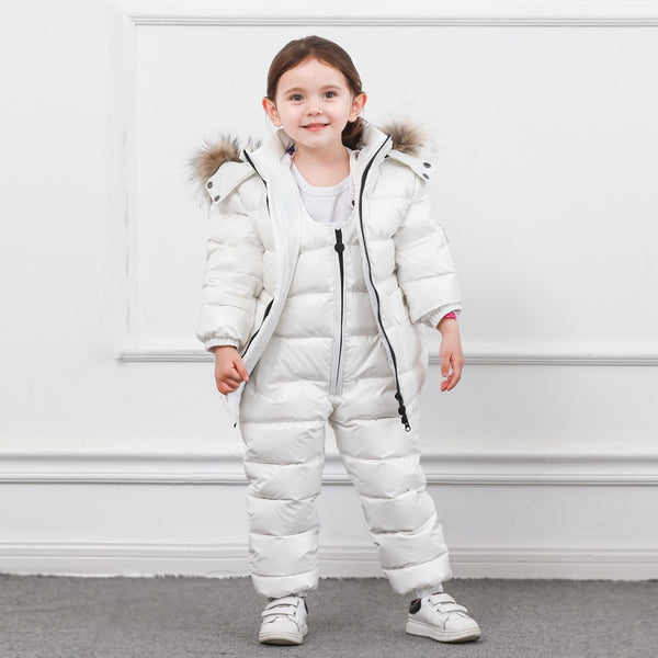 Winter Children Down Suit Long  Zipper Solid White Duck Down Boys Girls Down Jackets Thickening Jacket + Pants Two piece Clothes