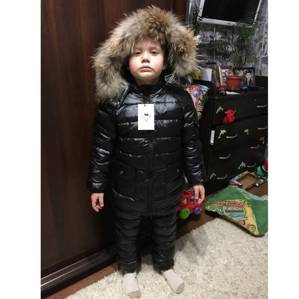 Winter Children Down Suit Long  Zipper Solid White Duck Down Boys Girls Down Jackets Thickening Jacket + Pants Two piece Clothes