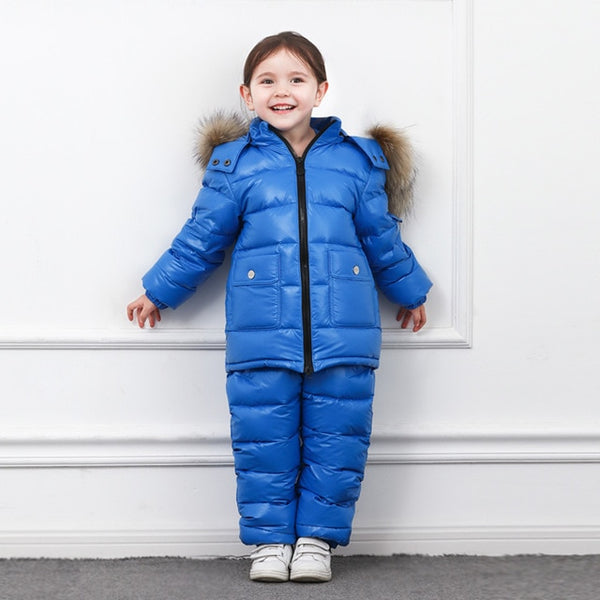 Winter Children Down Suit Long  Zipper Solid White Duck Down Boys Girls Down Jackets Thickening Jacket + Pants Two piece Clothes