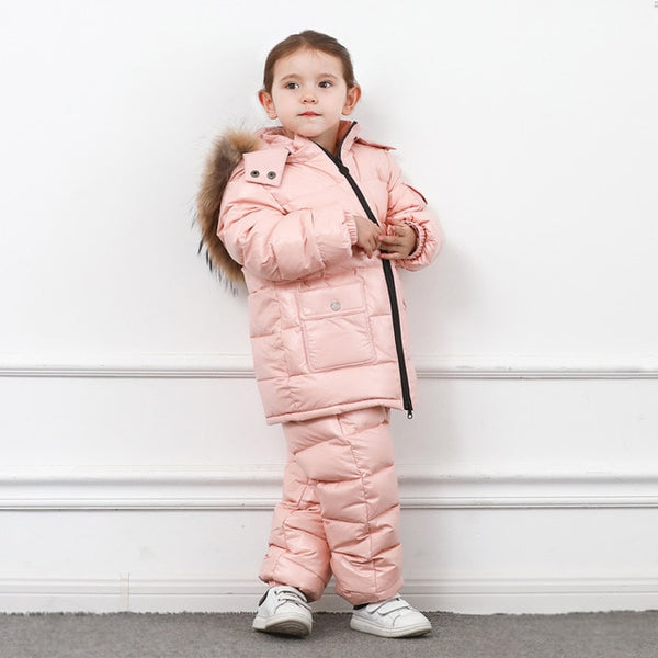 Winter Children Down Suit Long  Zipper Solid White Duck Down Boys Girls Down Jackets Thickening Jacket + Pants Two piece Clothes