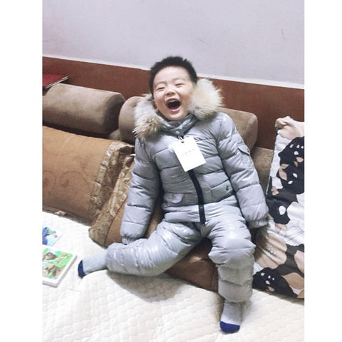 Winter Children Down Suit Long  Zipper Solid White Duck Down Boys Girls Down Jackets Thickening Jacket + Pants Two piece Clothes
