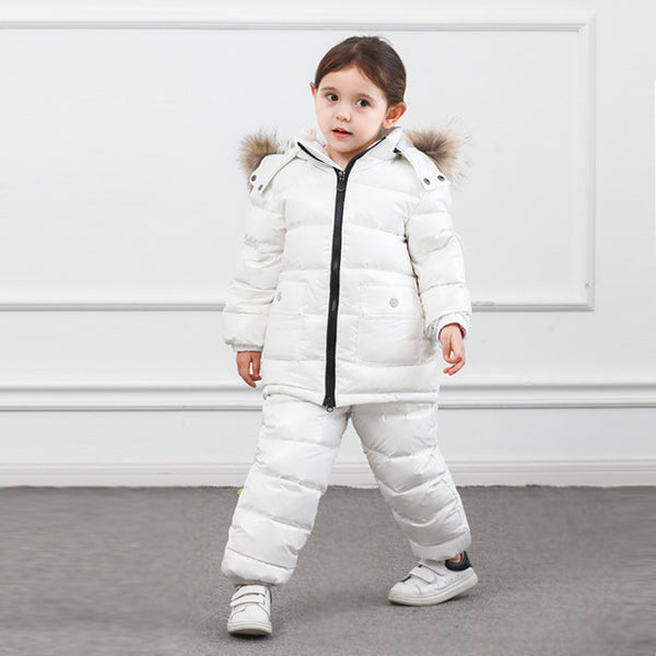 Winter Children Down Suit Long  Zipper Solid White Duck Down Boys Girls Down Jackets Thickening Jacket + Pants Two piece Clothes