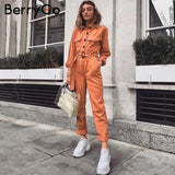 BerryGo Casual cargo cotton female jumpsuits Orange sash pocket sport womens jumpsuit romper Chic autumn winter ladies overalls - THE PLACE TO BE !!
