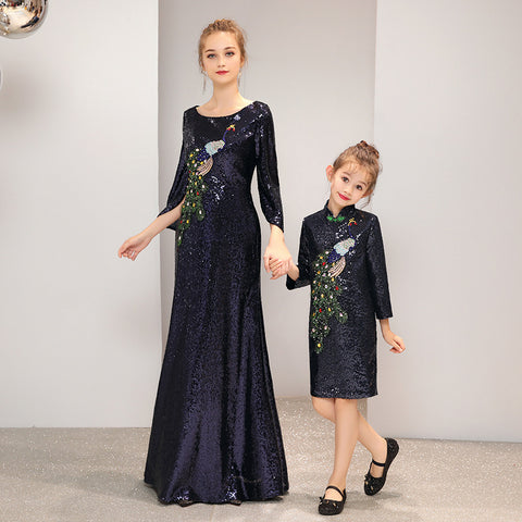 Fashion parent-child show show peacock peacock blue Dress girl catwalk show evening dress piano costume 2019 new mother dress - THE PLACE TO BE !!