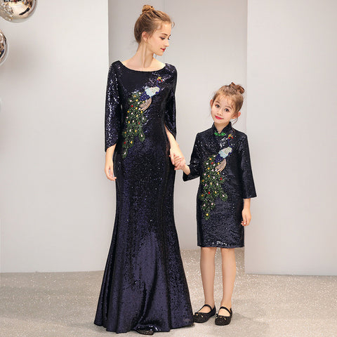 Fashion parent-child show show peacock peacock blue Dress girl catwalk show evening dress piano costume 2019 new mother dress