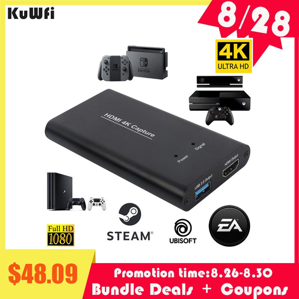 KuWFi USB3.0 HDMI 4K60Hz Video Capture HDMI to USB Video Capture Card Dongle Game Streaming Live Stream Broadcast with MICinput