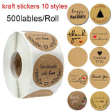 500 Labels per roll Round Natural Kraft Thank You Stickers seal labels Hand Made With Love Stickers Paper Stationery sticker