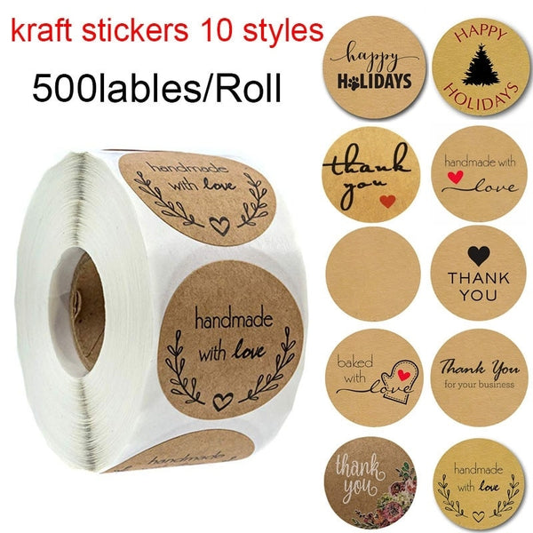 500 Labels per roll Round Natural Kraft Thank You Stickers seal labels Hand Made With Love Stickers Paper Stationery sticker