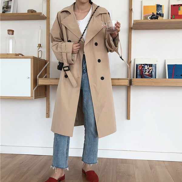 Autumn Winter Women's Coat Khaki Belt Long Trench Turn-Down Collar Double Breasted Female Casual Office Lady Outwear