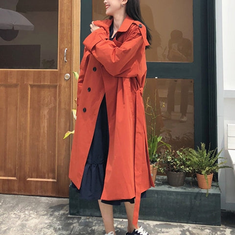 Autumn Winter Women's Coat Khaki Belt Long Trench Turn-Down Collar Double Breasted Female Casual Office Lady Outwear