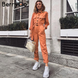 BerryGo Casual cargo cotton female jumpsuits Orange sash pocket sport womens jumpsuit romper Chic autumn winter ladies overalls - THE PLACE TO BE !!