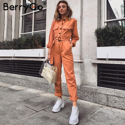 BerryGo Casual cargo cotton female jumpsuits Orange sash pocket sport womens jumpsuit romper Chic autumn winter ladies overalls - THE PLACE TO BE !!