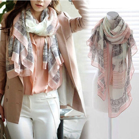 Elegant Women Long Print Chiffon Scarf Wrap Ladies Shawl Large Silk Scarves Pink Landscape Print Scarf Shawl Dual Use - THE PLACE TO BE !!