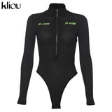 Kliou women sexy skinny thin full sleeve bodysuit High-grade elastic fabric rompers striped patchwork letter print playsuit - THE PLACE TO BE !!