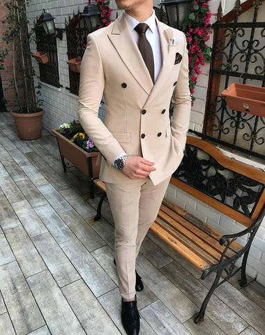 2019 New Beige Men's Suit 2 Pieces Double-breasted Notch Lapel Flat Slim Fit Casual Tuxedos For Wedding(Blazer+Pants)