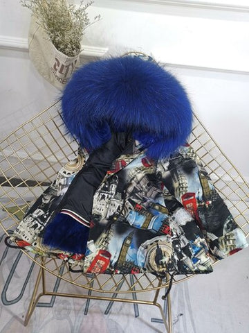 Girls Boys Real Fur Parka Graffiti Winter Warm Jacket Children Clothes Natural Raccoon Fur Hood Coat Real Rabbit Fur liner TZ373