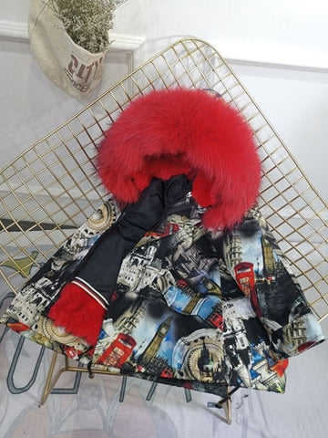 Girls Boys Real Fur Parka Graffiti Winter Warm Jacket Children Clothes Natural Raccoon Fur Hood Coat Real Rabbit Fur liner TZ373