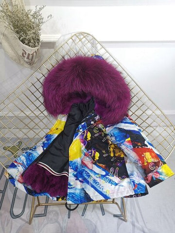 Girls Boys Real Fur Parka Graffiti Winter Warm Jacket Children Clothes Natural Raccoon Fur Hood Coat Real Rabbit Fur liner TZ373