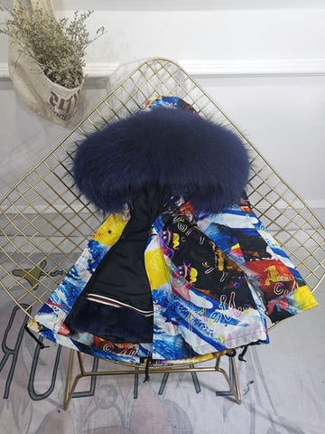 Girls Boys Real Fur Parka Graffiti Winter Warm Jacket Children Clothes Natural Raccoon Fur Hood Coat Real Rabbit Fur liner TZ373