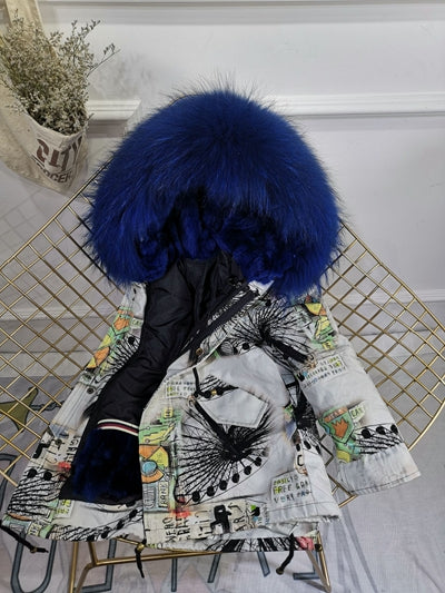 Girls Boys Real Fur Parka Graffiti Winter Warm Jacket Children Clothes Natural Raccoon Fur Hood Coat Real Rabbit Fur liner TZ373