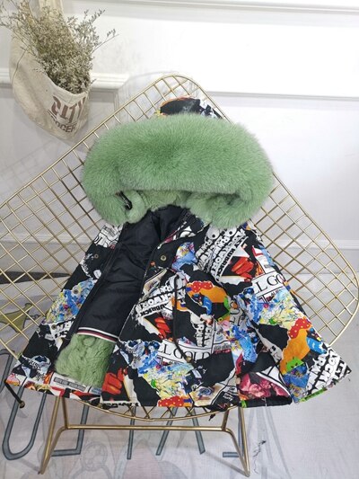 Girls Boys Real Fur Parka Graffiti Winter Warm Jacket Children Clothes Natural Raccoon Fur Hood Coat Real Rabbit Fur liner TZ373