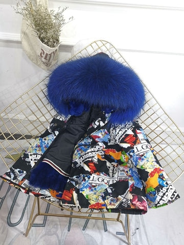 Girls Boys Real Fur Parka Graffiti Winter Warm Jacket Children Clothes Natural Raccoon Fur Hood Coat Real Rabbit Fur liner TZ373