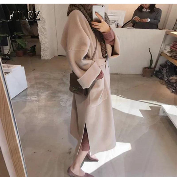 Korean long coat new 2019 autumn winter casual with belt khaki wool coat women turn down collar fashion outerwear