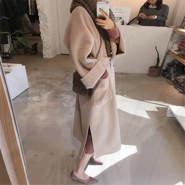 Korean long coat new 2019 autumn winter casual with belt khaki wool coat women turn down collar fashion outerwear