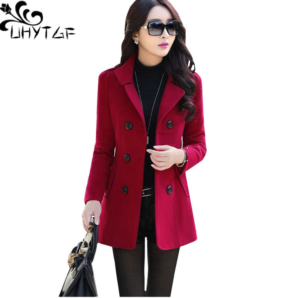 UHYTGF Fashion Winter Jacket Women's Double Breasted Short Wool coat Solid Color Korean Slim Female Woolen Jacket Plus Size 1150