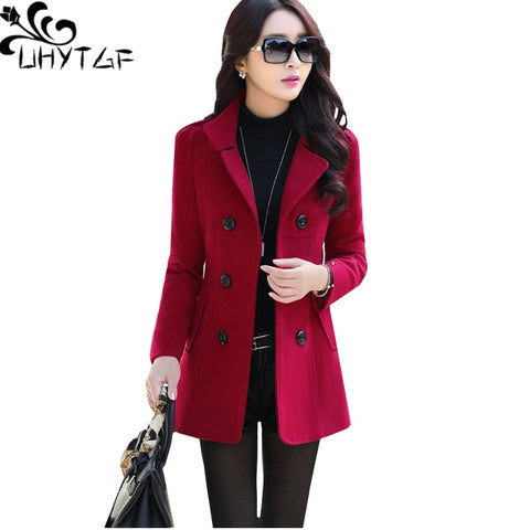 UHYTGF Fashion Winter Jacket Women's Double Breasted Short Wool coat Solid Color Korean Slim Female Woolen Jacket Plus Size 1150 - THE PLACE TO BE !!