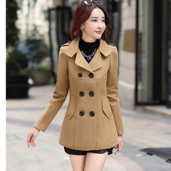 UHYTGF Fashion Winter Jacket Women's Double Breasted Short Wool coat Solid Color Korean Slim Female Woolen Jacket Plus Size 1150