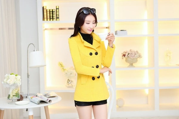 UHYTGF Fashion Winter Jacket Women's Double Breasted Short Wool coat Solid Color Korean Slim Female Woolen Jacket Plus Size 1150