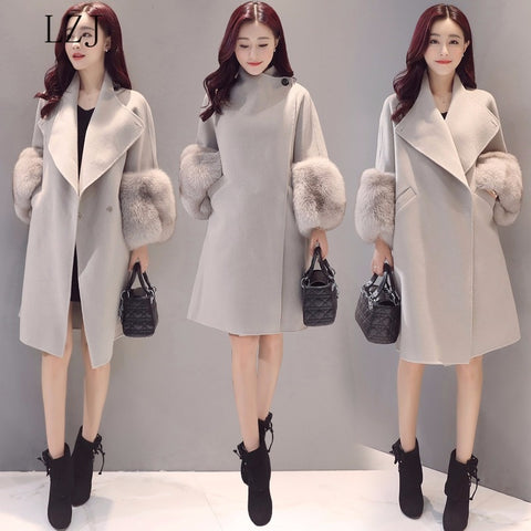 2019 Autumn/Winter Woolen Coat Jackets Warm Wool Blend Faux Fur Sleeve Long Turn-down Collar Loose Coats Large Size Outerwear - THE PLACE TO BE !!