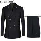 Shenrun Men Suits Slim Fit New Fashion Suit Double Breasted Peak Lapel Navy Blue Black Wedding Groom Party Prom Skinny Costume