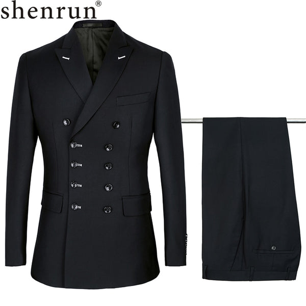 Shenrun Men Suits Slim Fit New Fashion Suit Double Breasted Peak Lapel Navy Blue Black Wedding Groom Party Prom Skinny Costume