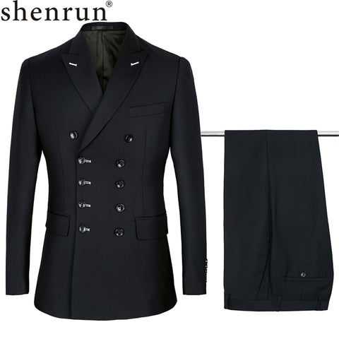 Shenrun Men Suits Slim Fit New Fashion Suit Double Breasted Peak Lapel Navy Blue Black Wedding Groom Party Prom Skinny Costume