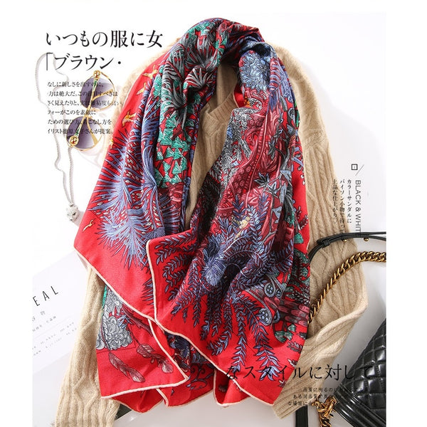 Elegant Floral Print Women Silk Cashmere Scarf Wraps Shawl