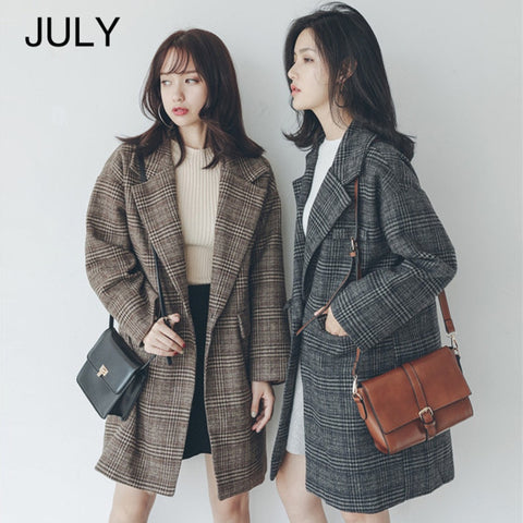 JULY Autumn winter plaid coat jacket female 2019 new loose coat long section women's coat plaid brown coat coat female - THE PLACE TO BE !!