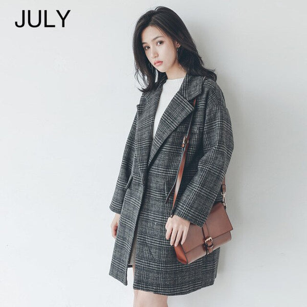 JULY Autumn winter plaid coat jacket female 2019 new loose coat long section women's coat plaid brown coat coat female
