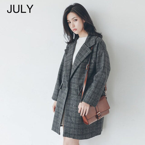JULY Autumn winter plaid coat jacket female 2019 new loose coat long section women's coat plaid brown coat coat female