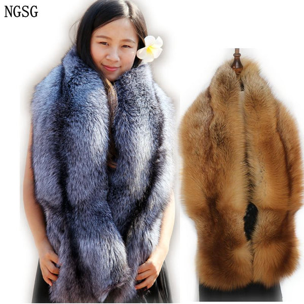 Natural Real Fur Scarves Women 120cm Winter Men Double-sided Genuine Silver Fox Scarf Couple's Luxury Grey Fox Collar Shawl
