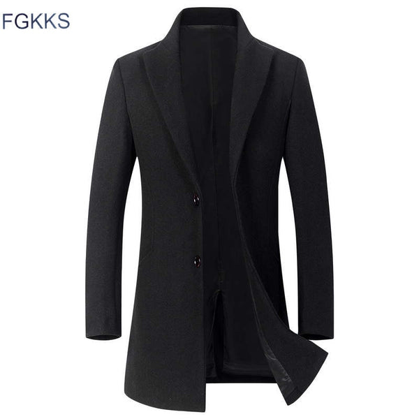 FGKKS Brand Men Winter Wool Blend Coat Men's New Fashion Warm Thick  Woolen Coat Slim Fit Solid Color Male Trench Coat