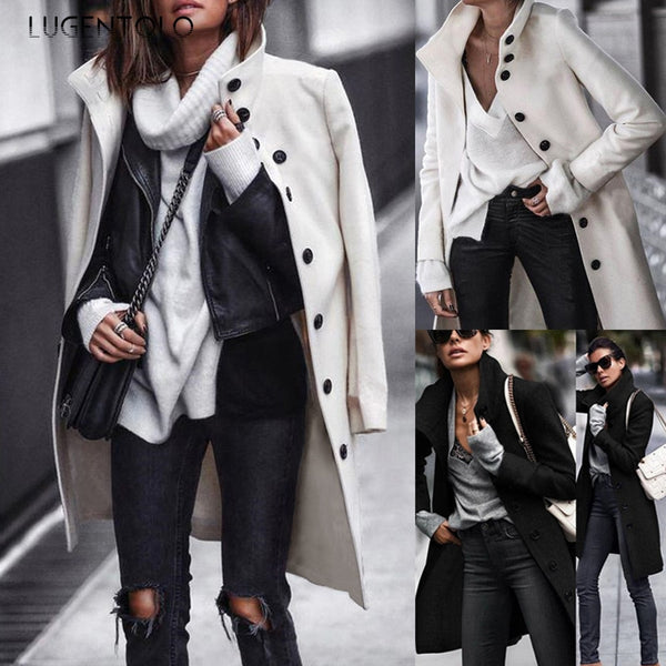Lugentolo Women Long Coat Wool Autumn Winter Fashion Casual Black White Solid Single-breasted Street Trend Turn-down Collar Coat