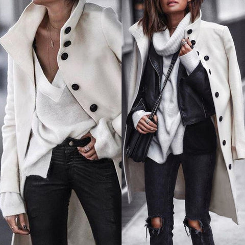 Lugentolo Women Long Coat Wool Autumn Winter Fashion Casual Black White Solid Single-breasted Street Trend Turn-down Collar Coat