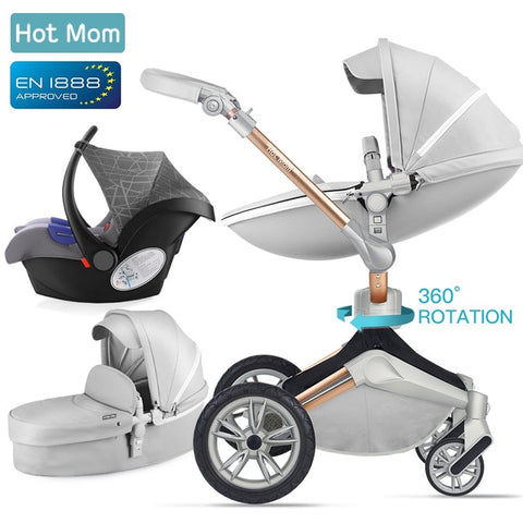 Hot Mom Baby Stroller 3 in 1 travel system with bassinet and car seat 360° Rotation Function,Luxury Pram F023