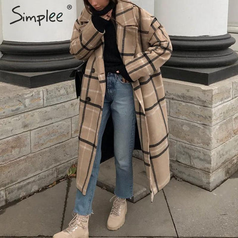 Simplee Elegant plaid women tweed coat Buttons pockets autumn winter female blend coats V neck office ladies warm long overcoats - THE PLACE TO BE !!