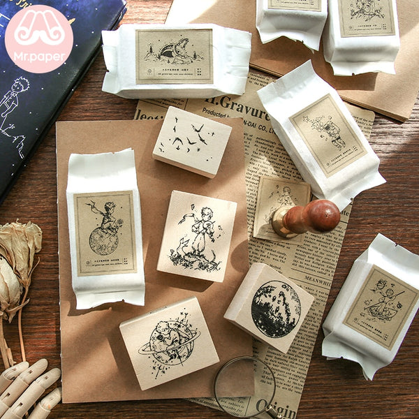 Mr.paper Vintage Little Prince Moon Decoration Stamp Wooden Rubber Stamps for Scrapbooking Stationery DIY Craft Standard Stamp