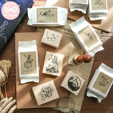 Mr.paper Vintage Little Prince Moon Decoration Stamp Wooden Rubber Stamps for Scrapbooking Stationery DIY Craft Standard Stamp